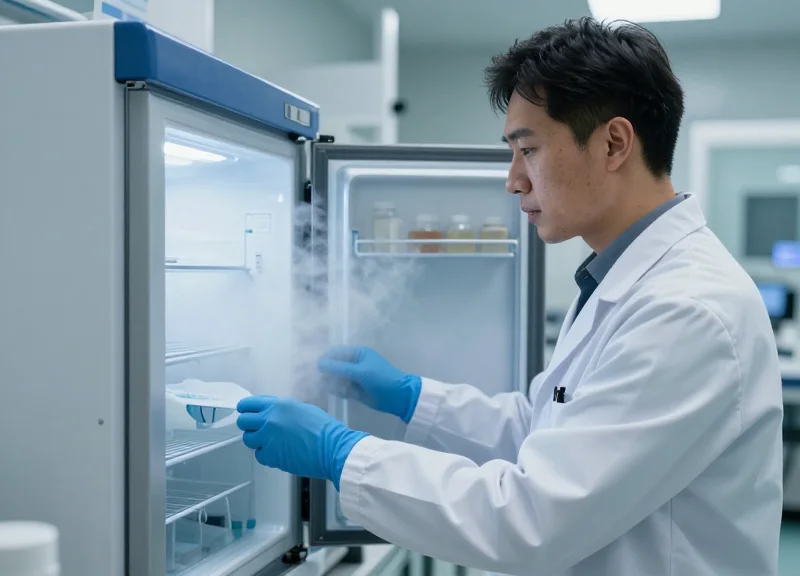 A scientist in protective gear opening an ultra-low temperature freezer in a lab.