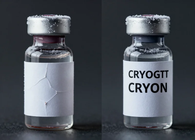 A side-by-side comparison of a failing standard label and a durable cryogenic label.