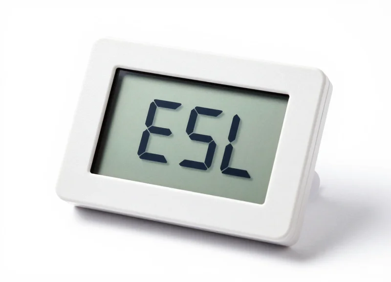 Close-up product shot of a digital electronic label designed for biobank cryo-vials.