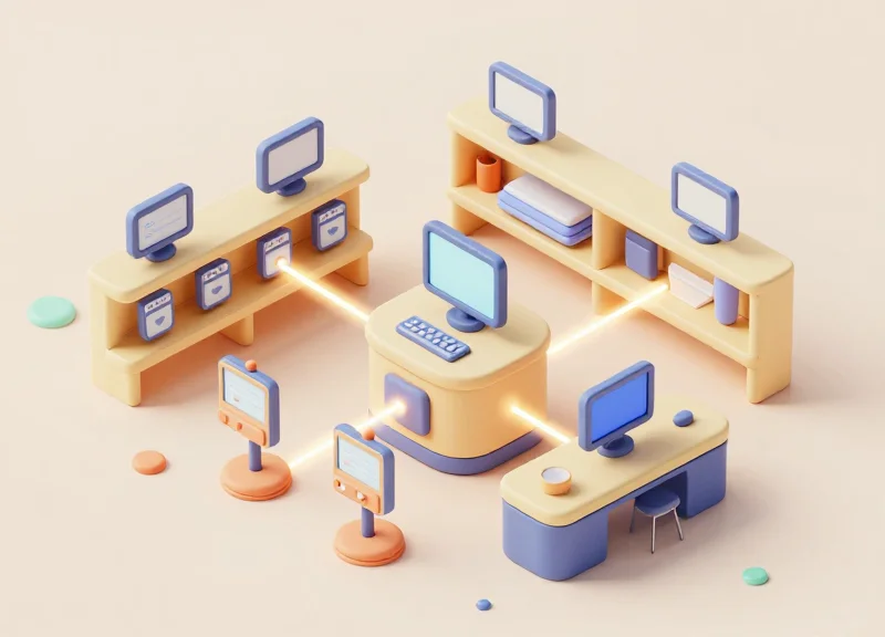Isometric 3D model showing the connection between clinic software and digital shelf tags.