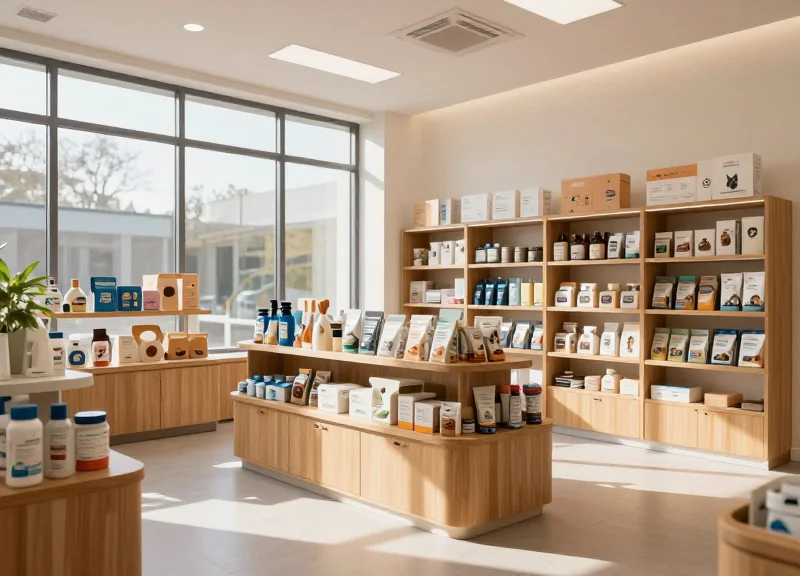 A modern and clean veterinary clinic interior with a sophisticated retail section for pet health products.