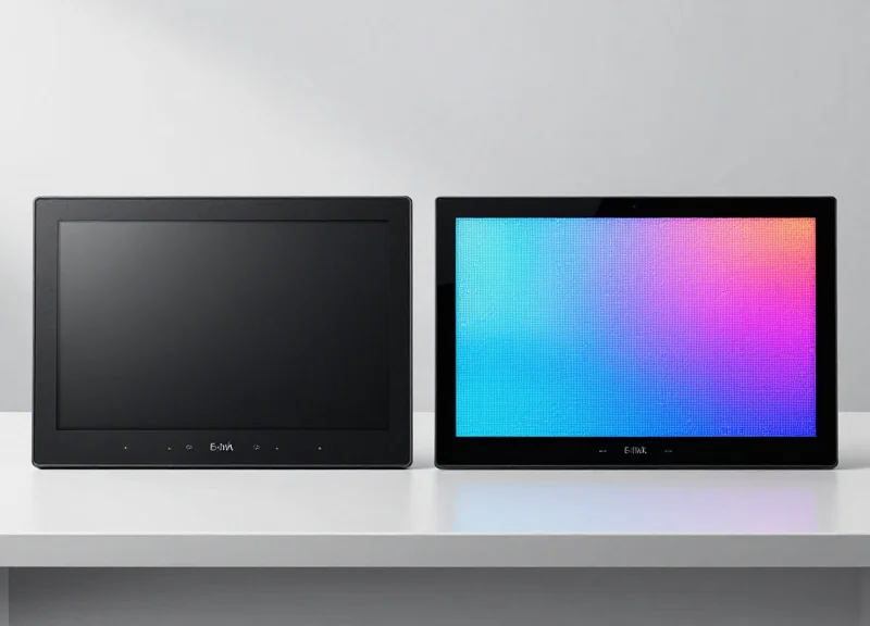 Side-by-side comparison of a paper-like high-resolution E-Ink display and a bright LCD screen showing medical data graphics.