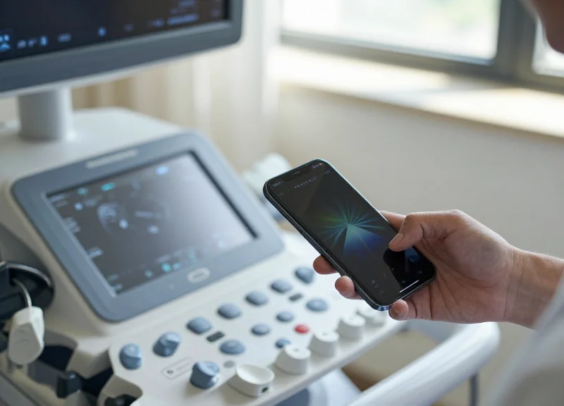 Close-up of a person using a smartphone to interact with an electronic display label in a medical environment.