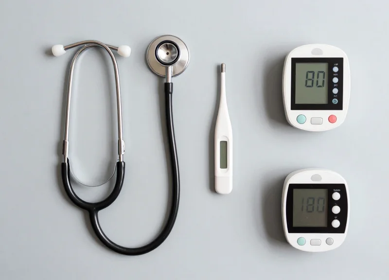 Top-down view of neatly organized medical equipment including a stethoscope and thermometers on a clean surface
