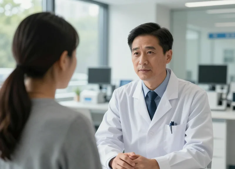 A medical professional interacting with a patient in a bright showroom