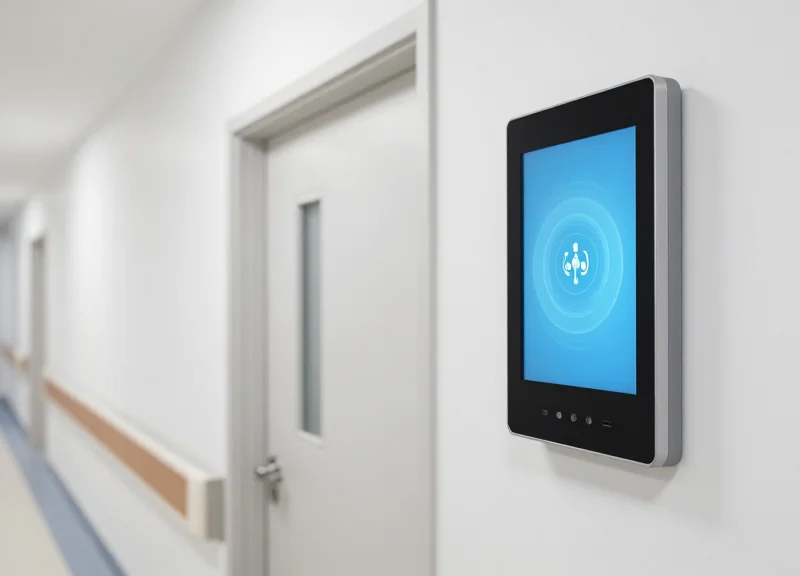 A modern hospital corridor with clean design and a small electronic shelf label mounted on the wall displaying icons.