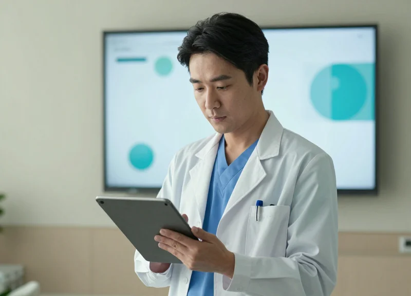 A healthcare professional using a handheld tablet in a modern clinic with digital displays in the background.