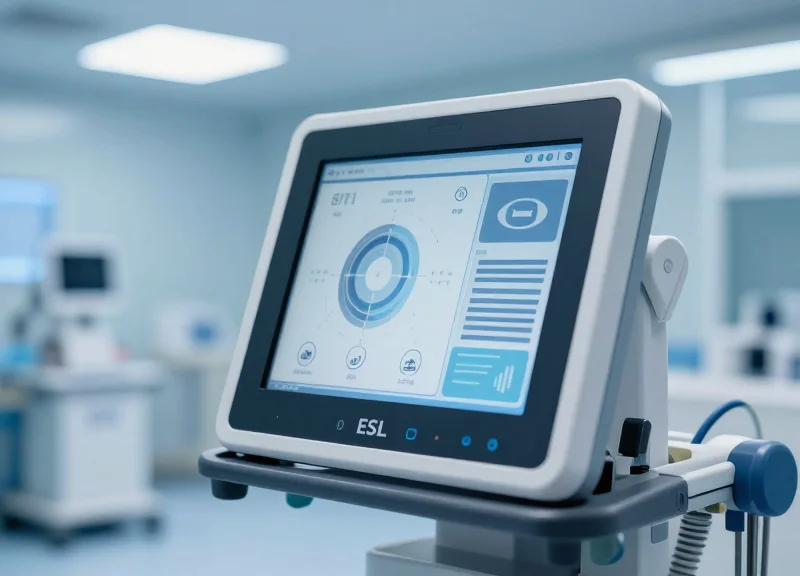 A modern electronic shelf label attached to medical equipment in a futuristic showroom.