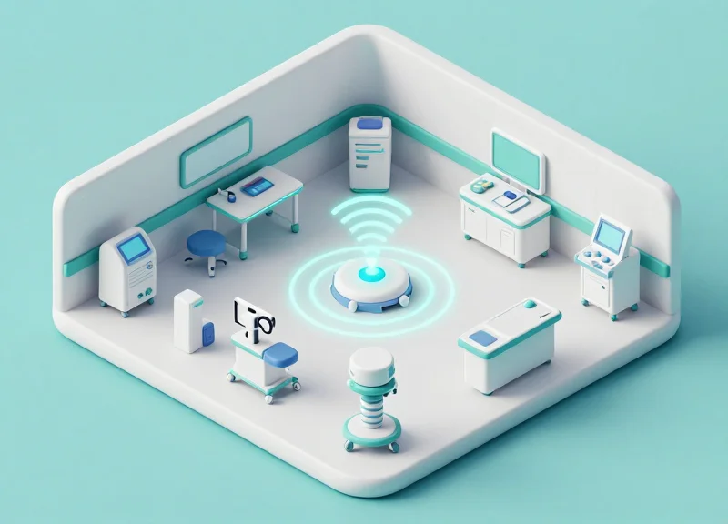 Isometric 3D view of a medical equipment showroom with RFID tracking signals.