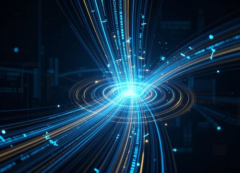 Abstract visualization of glowing data streams syncing in real-time between global nodes.