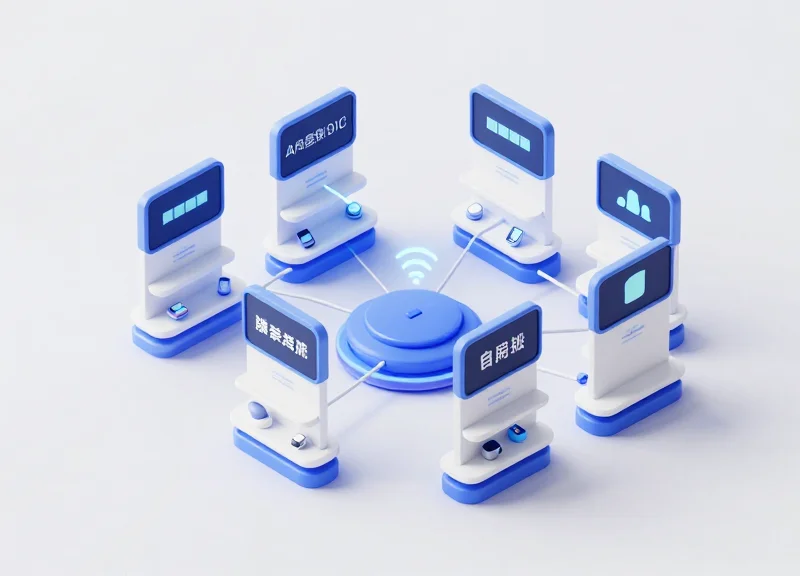 An isometric 3D view of a server distributing data wirelessly to various electronic shelf labels on store shelves.