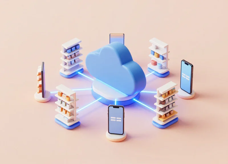 Isometric 3D view of a retail IoT architecture connecting cloud APIs to ESL hardware.
