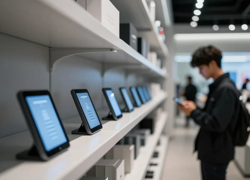 A futuristic and modern retail store interior featuring smart technology and digital shelf labels.