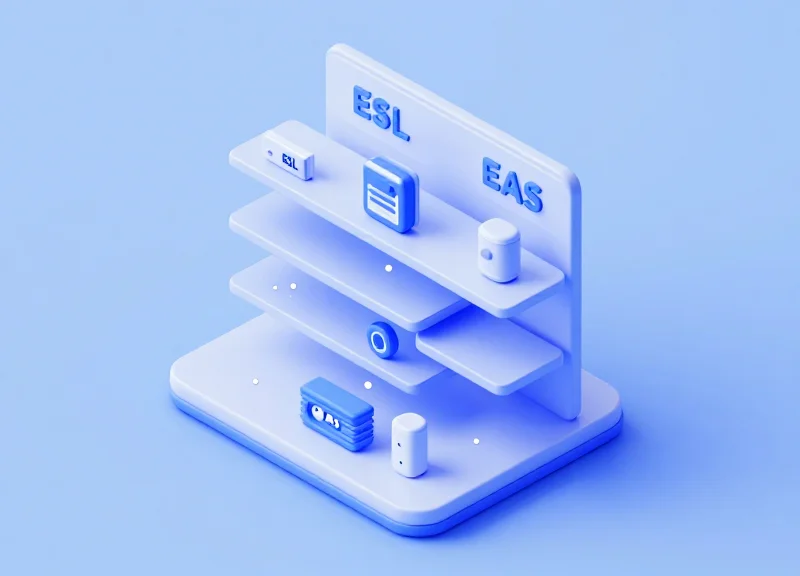 2.5D isometric model showing the integration of electronic shelf labels with security and inventory sensors.