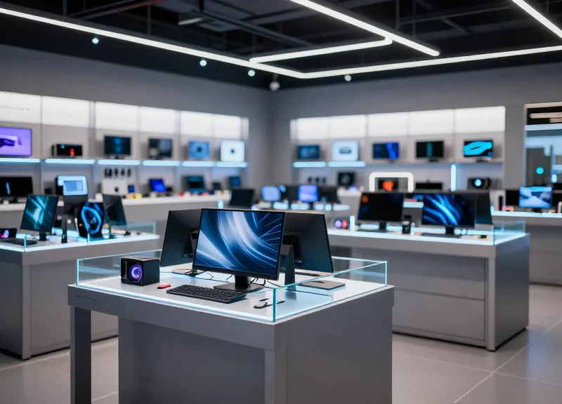 Futuristic high-end PC retail store interior with digital electronic shelf labels glowing on sleek shelves.