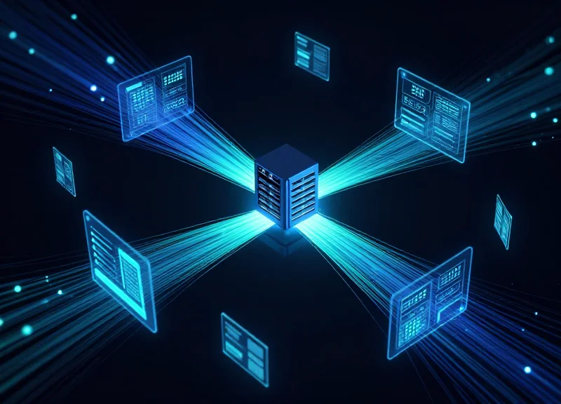 Abstract glowing data streams representing the synchronization of PC specifications between servers and labels.