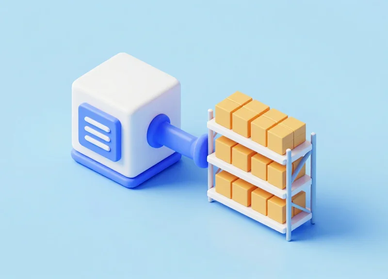 Isometric view of a software bridge connecting a retail inventory system with shelf edge displays.