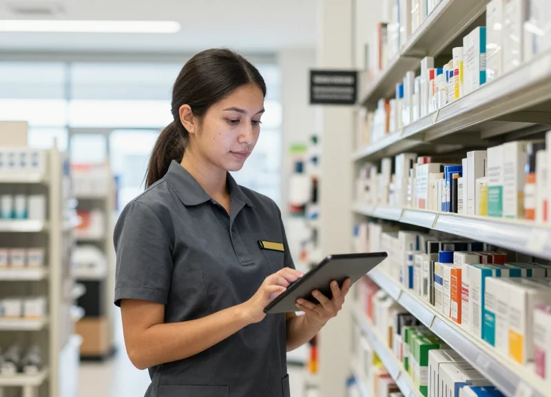 Retail worker using a tablet to manage inventory in a modern office supply store.