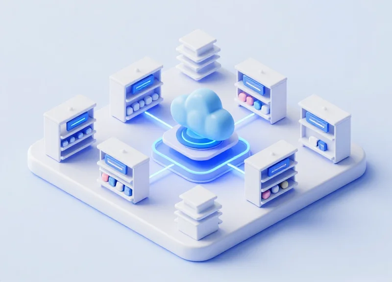 3D isometric model of a store server connected to electronic shelf labels.