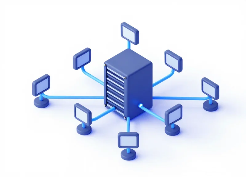 Isometric 3D illustration of a central server module connected to various digital shelf labels via glowing data lines.