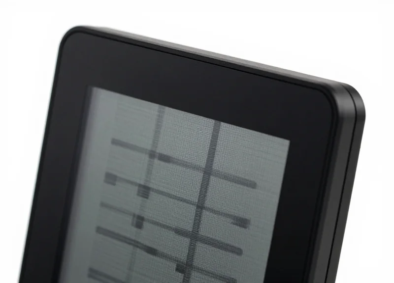 Close-up of a high-resolution electronic shelf label with a matte finish.
