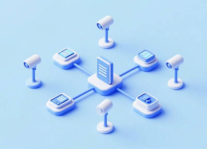 Isometric 3D model of a retail security system integrating ESL, EAS, and RFID.