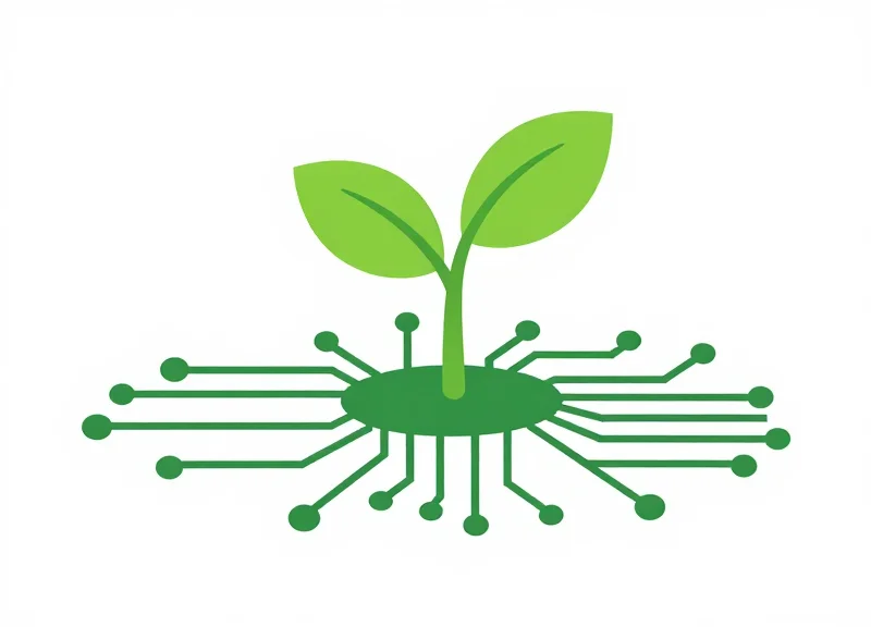 Flat vector illustration of a green leaf emerging from digital pixels, representing sustainability.