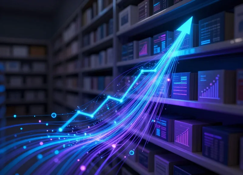 Abstract data visualization showing light trails flowing from retail shelves.