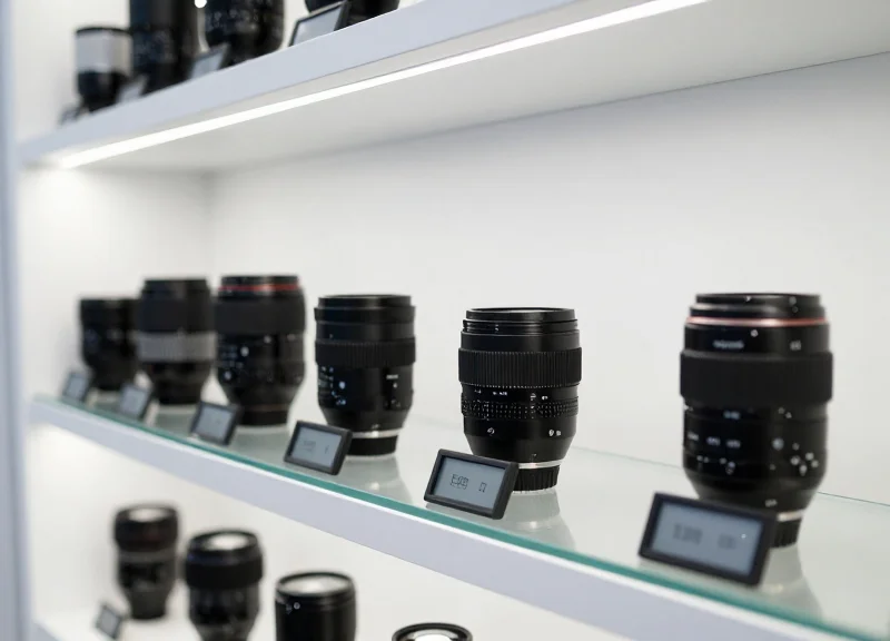 Electronic shelf labels displayed in a clean professional optical lab and retail environment