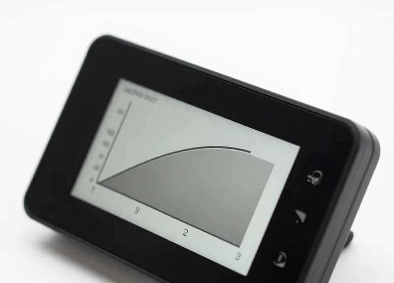 Close-up of a modern electronic shelf label with an e-paper display showing a grayscale MTF chart mockup