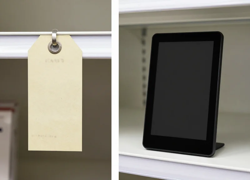 Side-by-side comparison of a cluttered traditional paper price tag and a clean modern electronic shelf label.