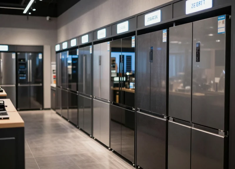 A modern home appliance showroom in 2026 featuring sleek refrigerators with digital electronic shelf labels.