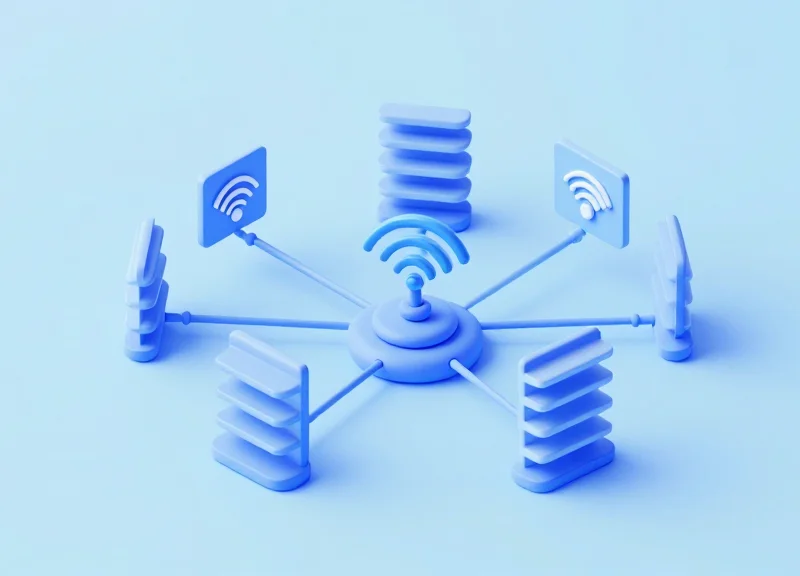3D isometric illustration of a wireless network system connecting various retail devices.