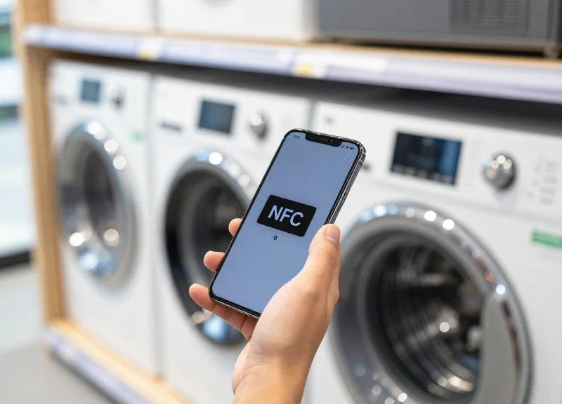 Close-up of a person using a smartphone to interact with an ESL tag via NFC in a store.