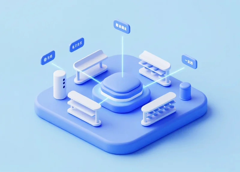 Isometric 3D model of a retail automation system connecting digital labels to a central server.