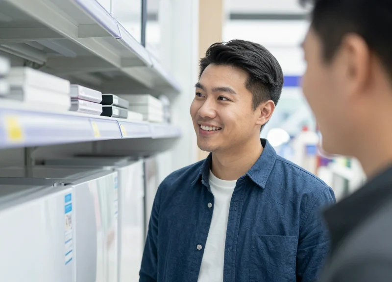 A happy customer looking at price information on a shelf in a clean, modern appliance store.