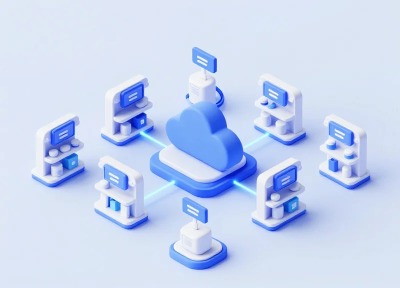 Isometric 3D model of a retail network connecting cloud servers to store displays.