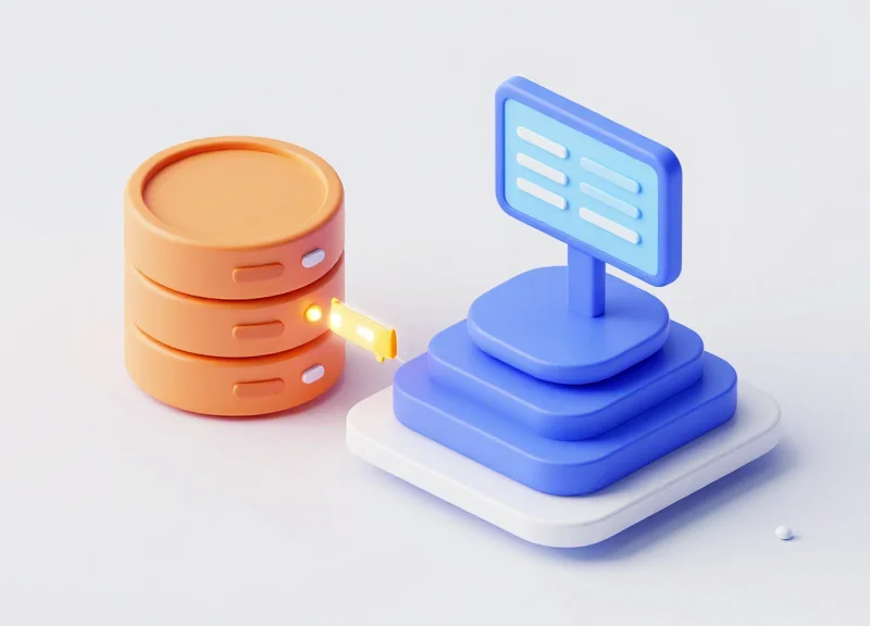 A conceptual 3D workflow showing data moving from an ERP system to electronic shelf labels.