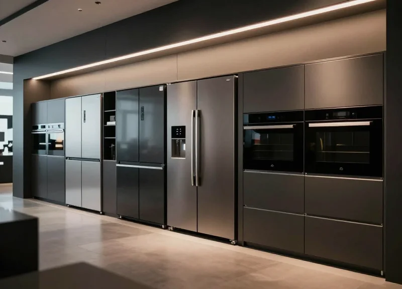 A futuristic appliance showroom with sleek lighting and modern kitchen displays in a 2026 retail setting.