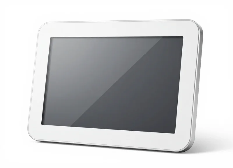 Close-up of a modern electronic shelf label with a sleek industrial design on a pure white background.