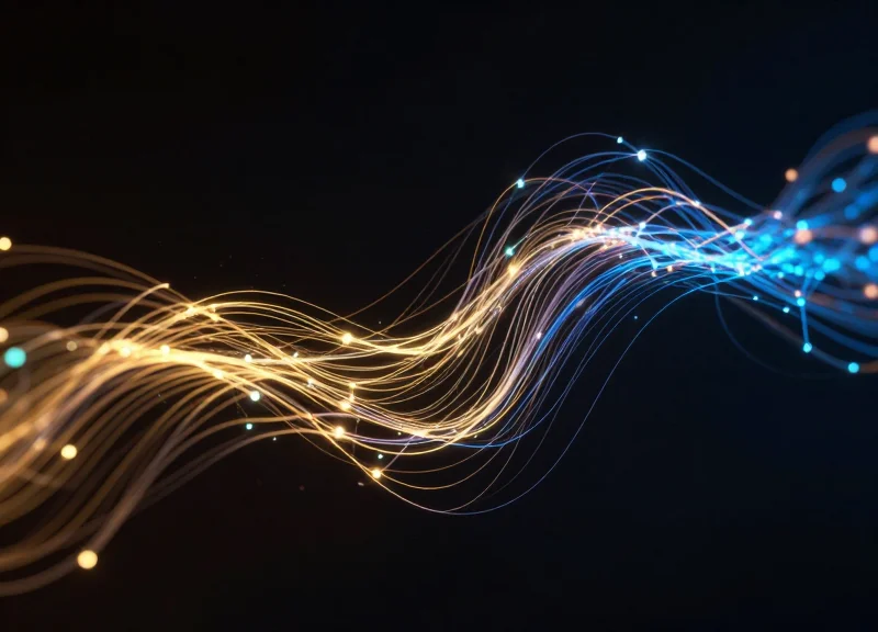 Abstract visualization of glowing data streams connecting retail price tags across a digital network.