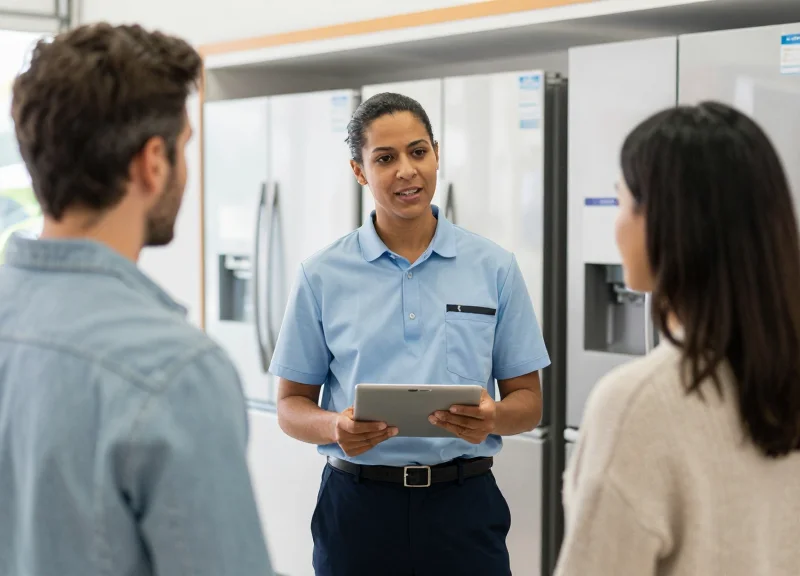 A retail staff member smiling and assisting a customer in a modern appliance store environment.