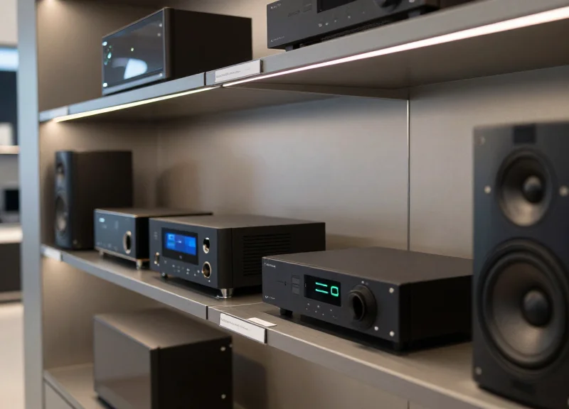 A luxury smart home showroom with minimalist digital price tags on glass shelves showcasing high-end speakers.