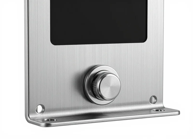 Close-up of a secure, industrial-grade mounting bracket for an electronic shelf label.