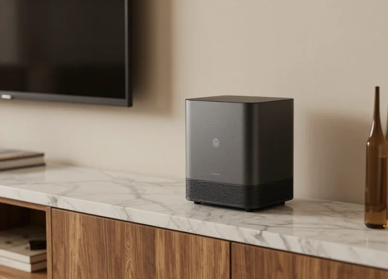 A digital tag seamlessly integrated into a marble shelf next to a designer home assistant device.