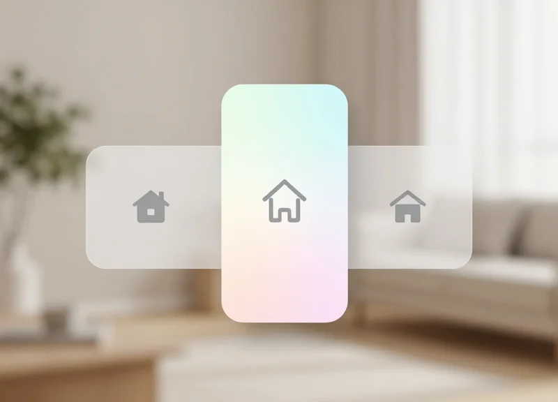 Minimalist digital interface mockup for a smart home electronic display with glassmorphism effects.