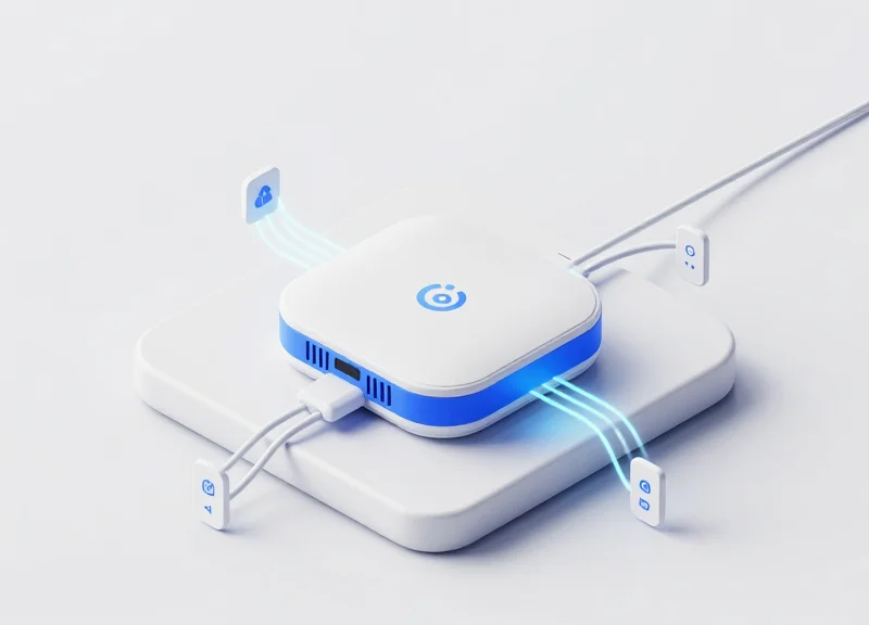 3D isometric model of a smart home hub architecture connecting multiple digital tags.