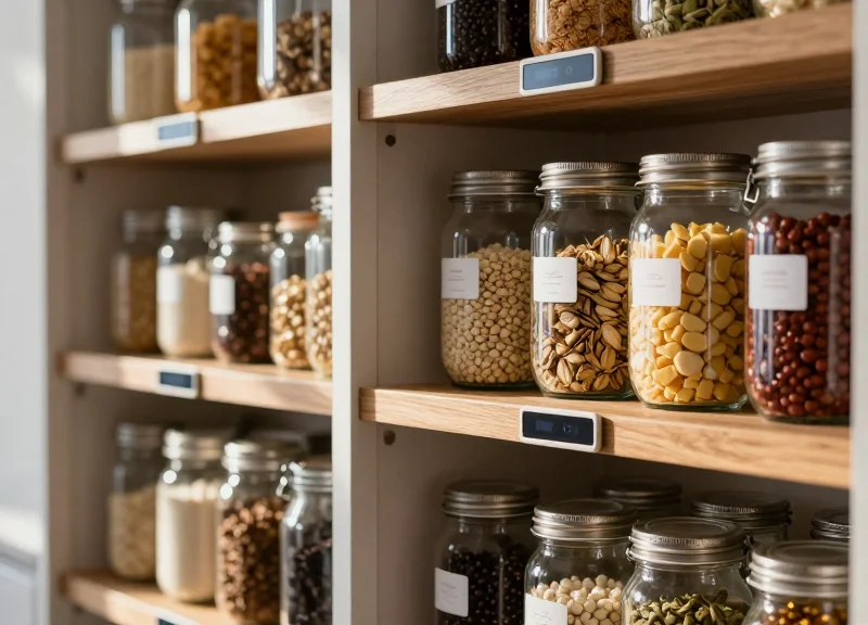 A modern kitchen pantry featuring electronic shelf labels attached to organized glass jars.