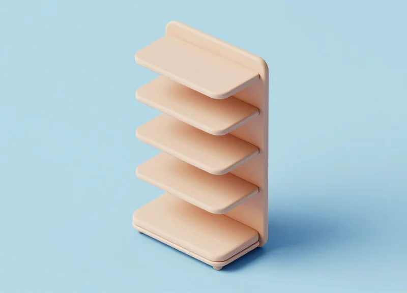 Isometric 3D model of a digital shelf label display template with modular content layers.