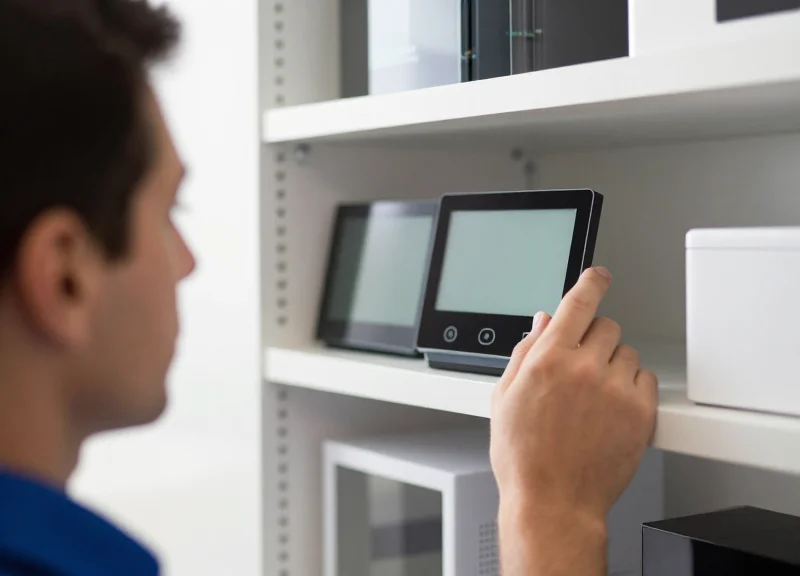 Close-up of a technician checking an electronic shelf label in a retail showroom.